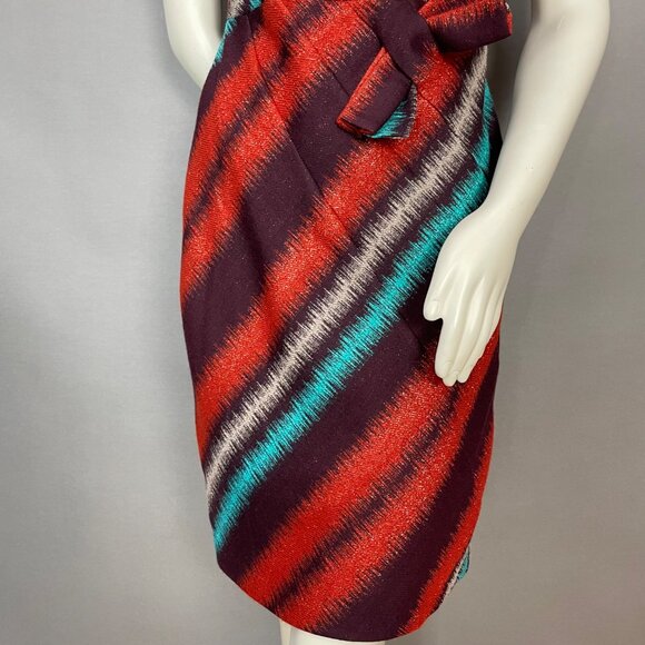 Eva Franco Dress Sheath Metallic Thread Bow Waist Size 6 Women Orange Maroon - Picture 6 of 12